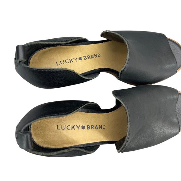 Lucky Brand Black Leather Peep Toe 3" Block Heel Slip On Mule Bootie Women 6.5 - Picture 7 of 11
